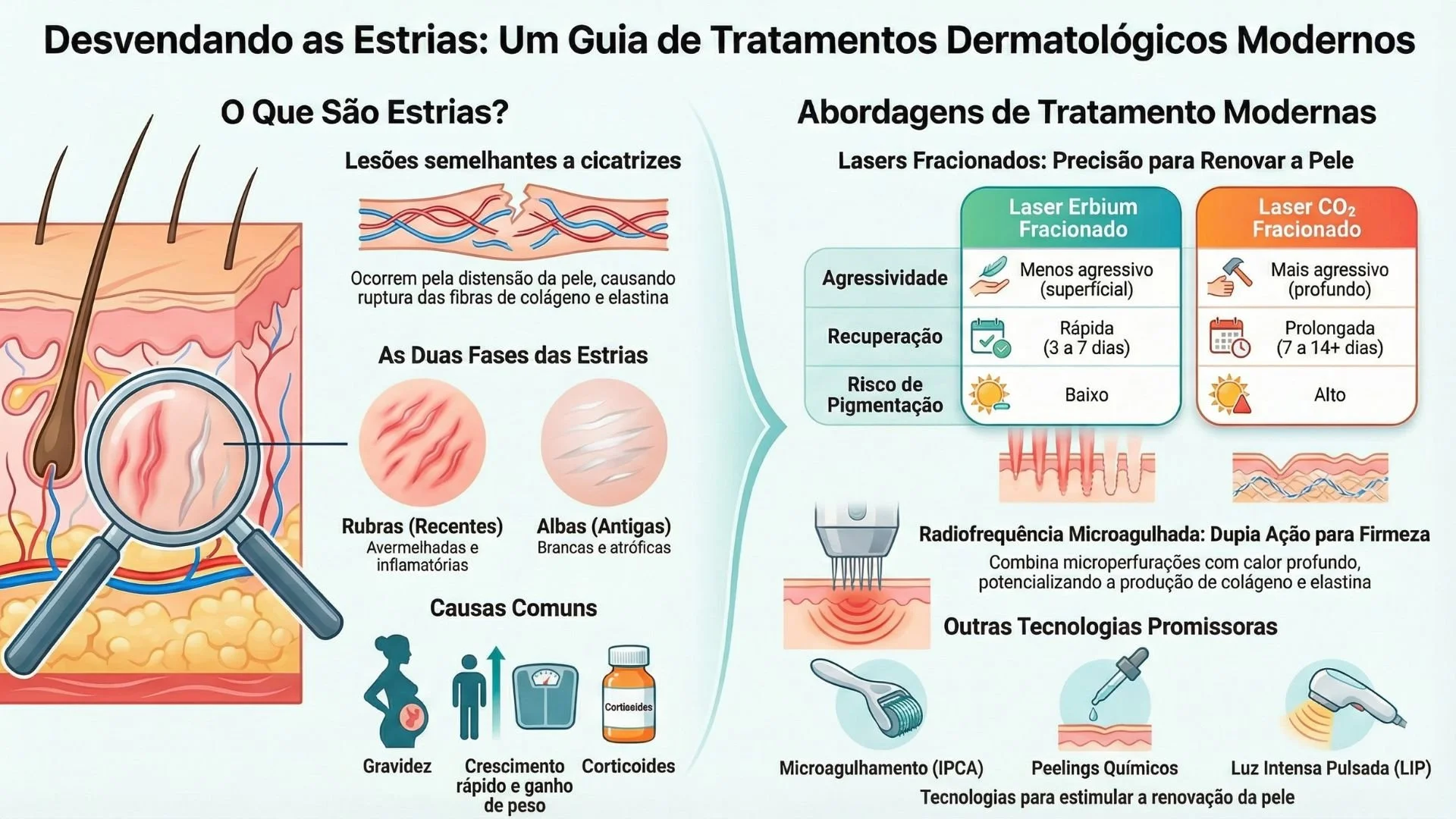 Infográfico com várias imagens interessantes sobre o assunto do texto e os tipos de tratamentos para estrias