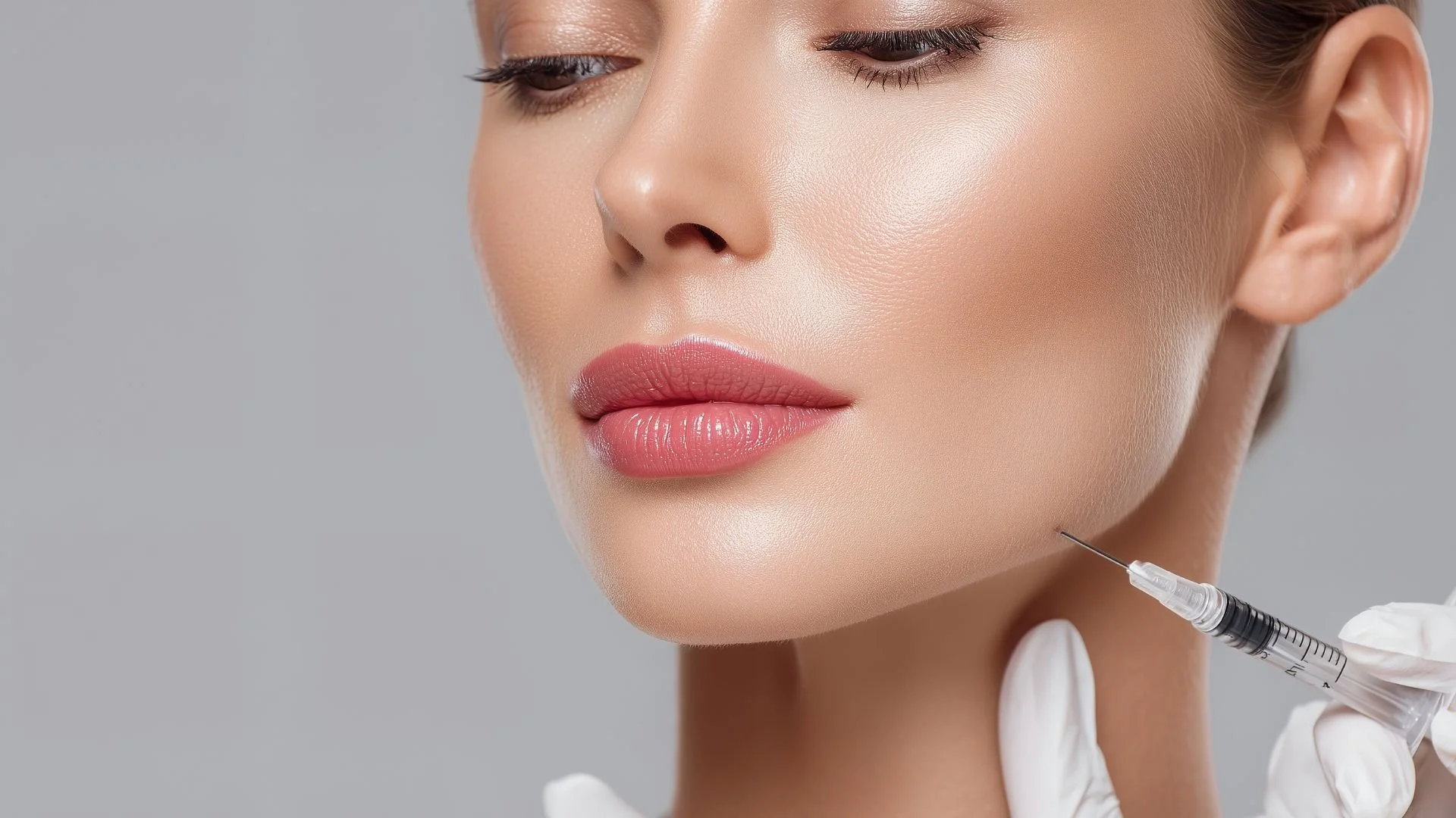 Mulher recebendo aplicação de botox na região do queixo, segurando uma seringa por um profissional com luvas brancas