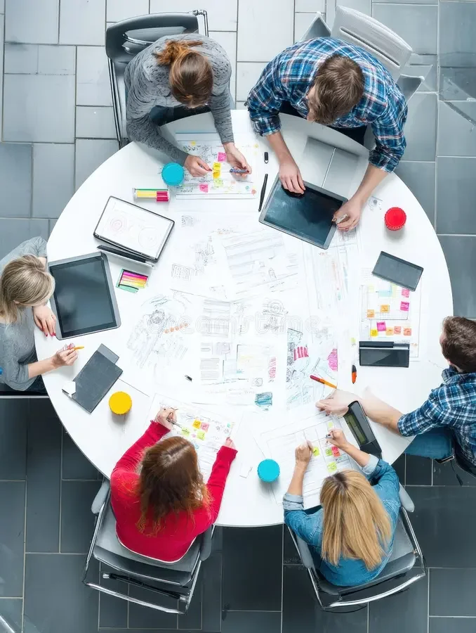 People sitting around a round table working on design sketches, using tablets, notes, and colorful sticky notes.