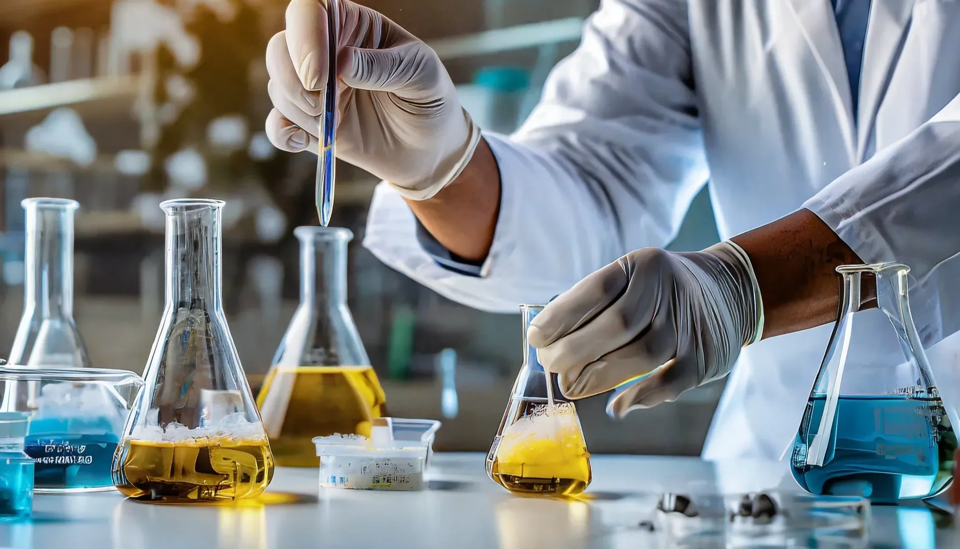 A scientist in a white lab coat and gloves working with beakers and test tubes containing colorful liquids in a laboratory.