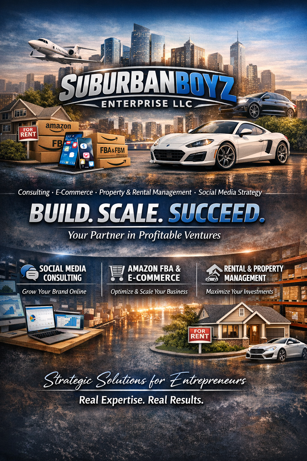 A promotional poster for Suburban Boyz Enterprise LLC, showcasing luxury cars, boxes of Amazon products, and a laptop with graphs. The background features a city skyline with skyscrapers, a house for rent sign, and a car parked in front. Text highlights services such as social media consulting, Amazon FBA & E-Commerce, and rental property management, emphasizing building, scaling, and succeeding in business.