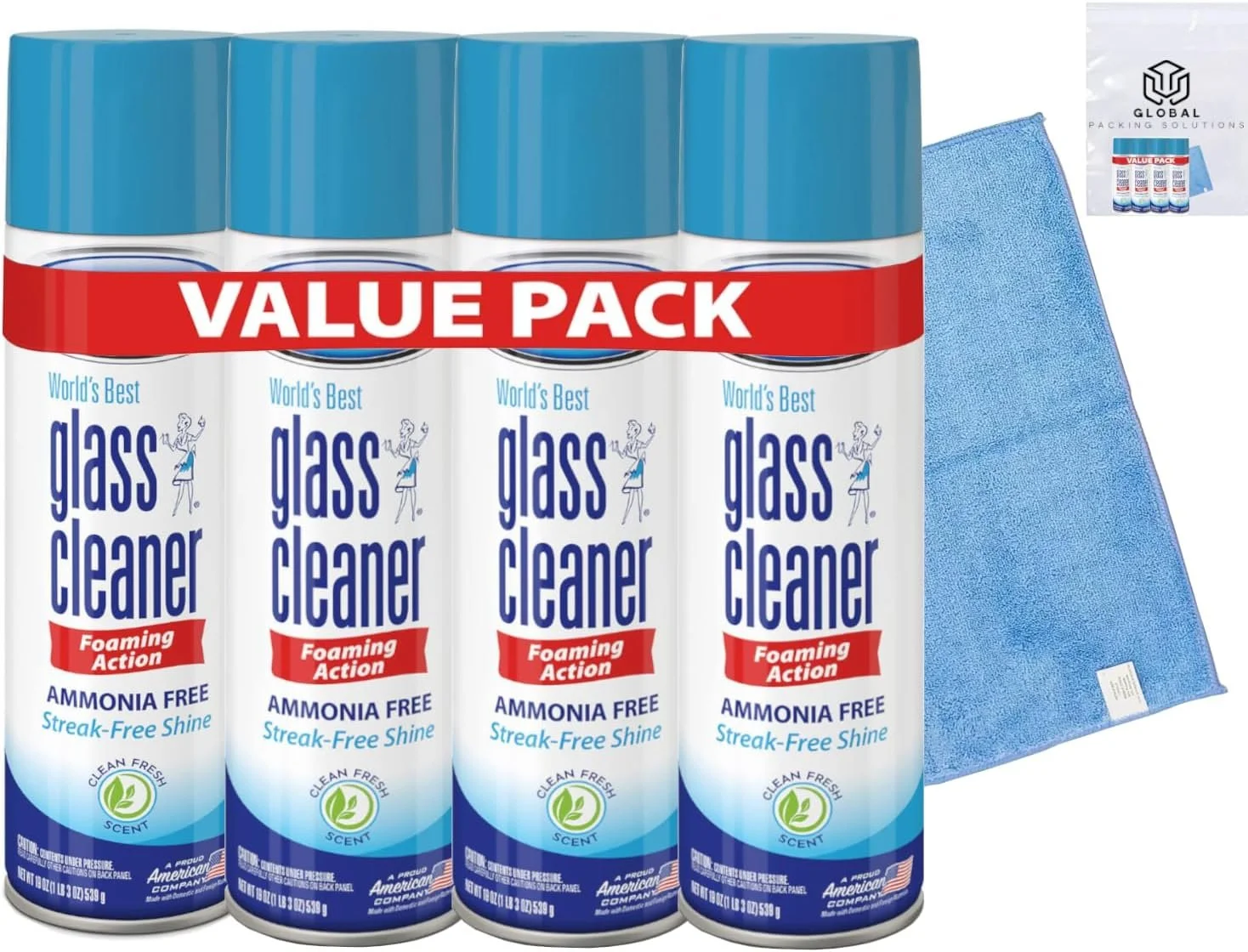 Glass Cleaner 19oz (Pack of 4) Streak less Foam Action Window Cleaner bundled with Microfiber Cleaning Cloth