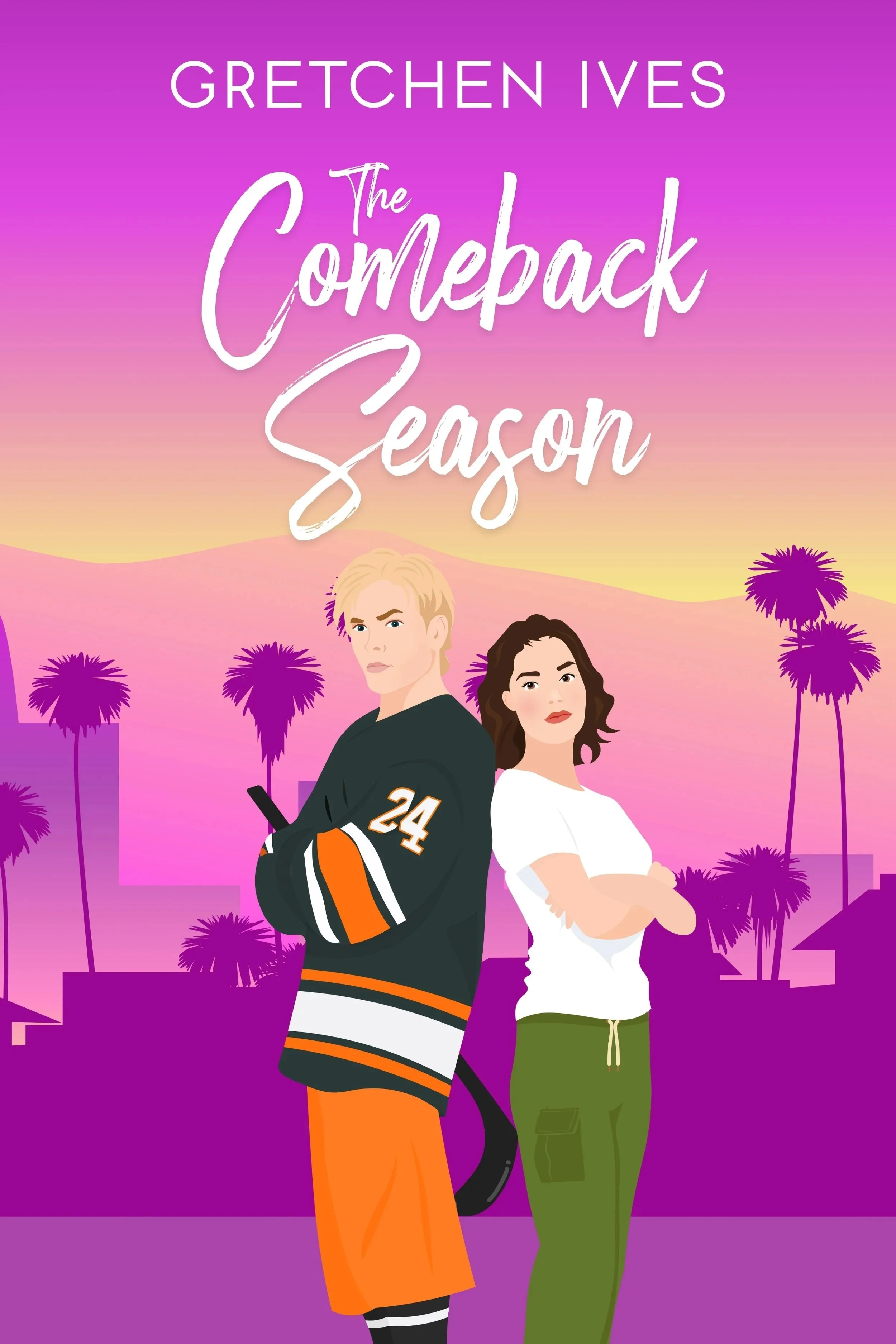 Book cover for 'The Comeback Season' by Gretchen Ives, showing a blond hockey player and a woman in casual clothing against a vibrant sunset with palm trees.