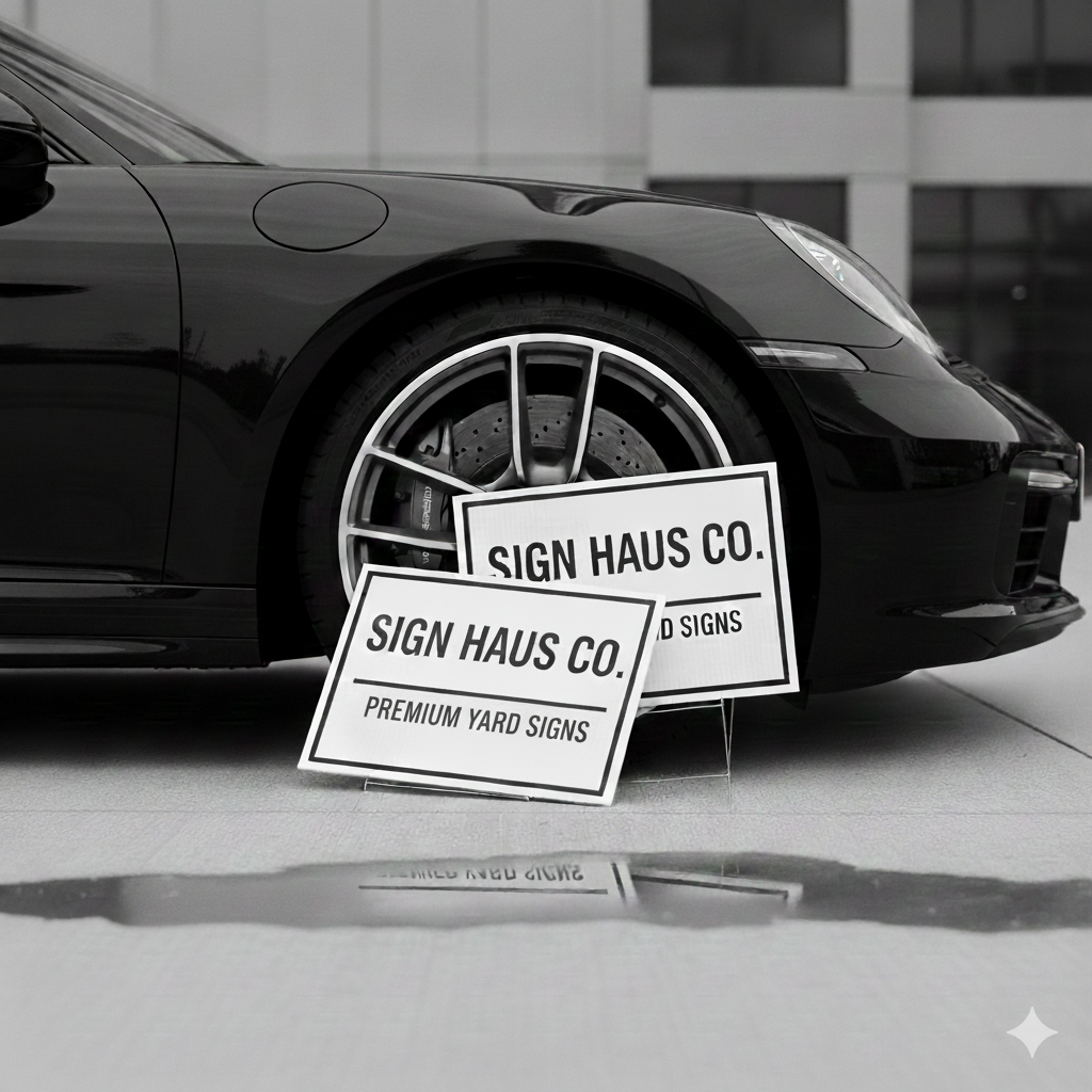 Close-up of a black sports car with two yard sale signs leaning against the front wheel, which has a disc brake and alloy rim. The signs read "SIGN HAUS CO." and "PREMIUM YARD SIGNS." The background shows a modern building with glass windows.