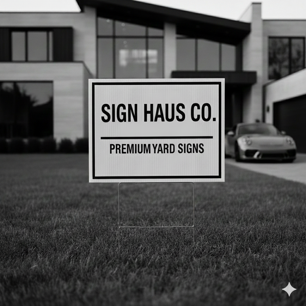 Sign in front of a modern house advertising Haus Co. premium yard signs.