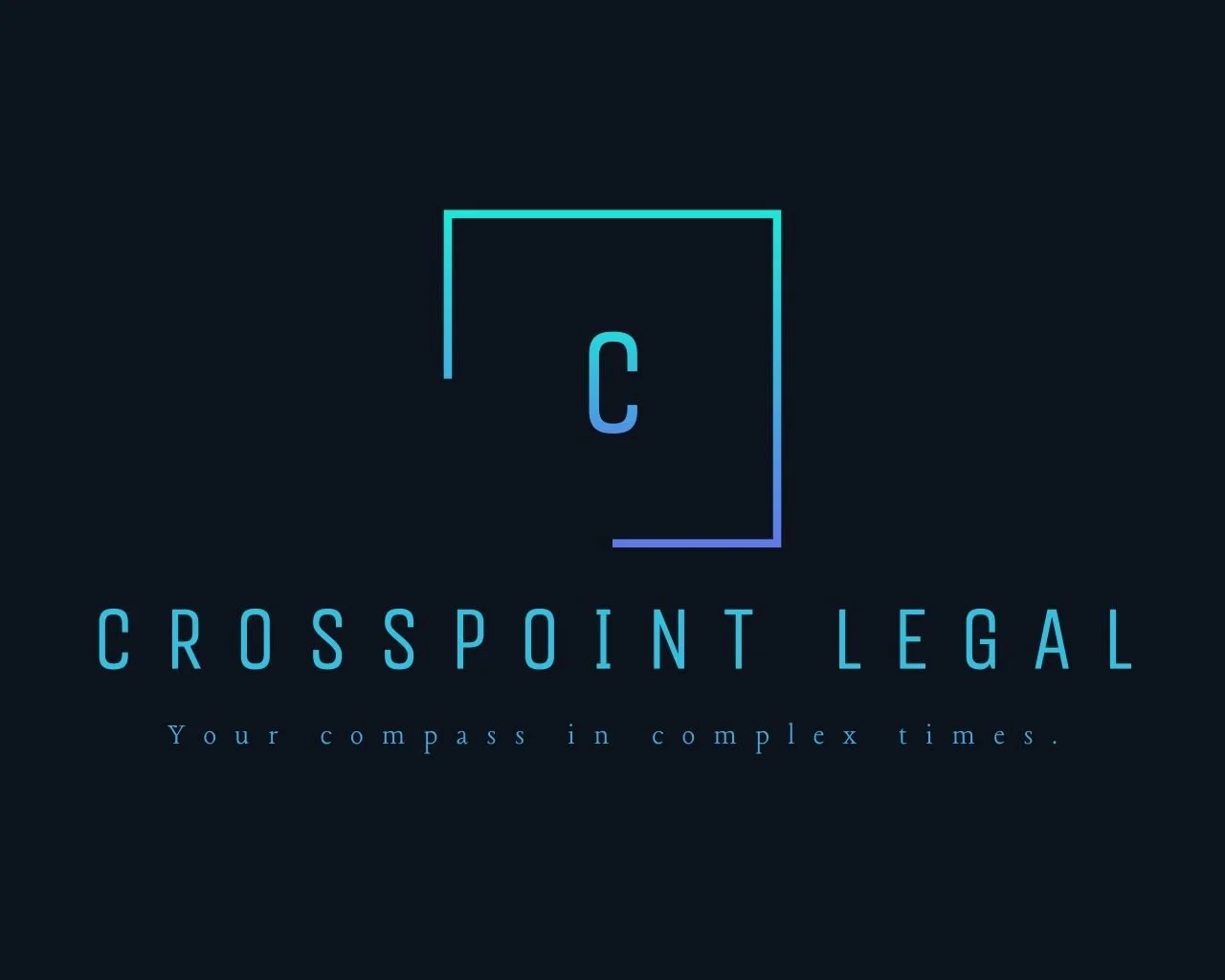CrossPoint Legal logo with a stylized letter 'C' inside a rectangular outline, and tagline 'Your compass in complex times' in blue text on a dark background.