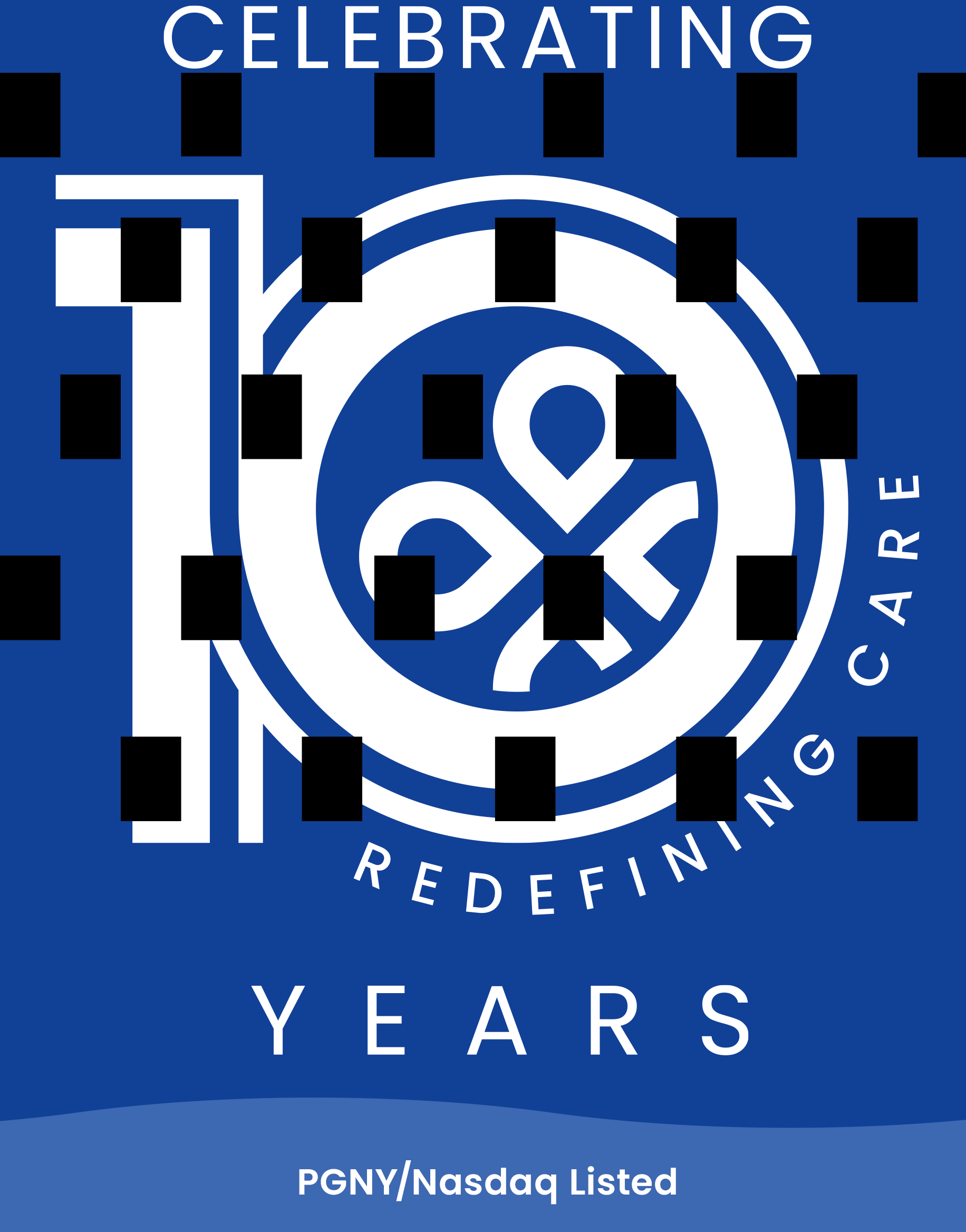Blue graphic celebrating 10 years with text 'Celebrating 10 Years' and 'PGNY/Nasdaq Listed' at the bottom.