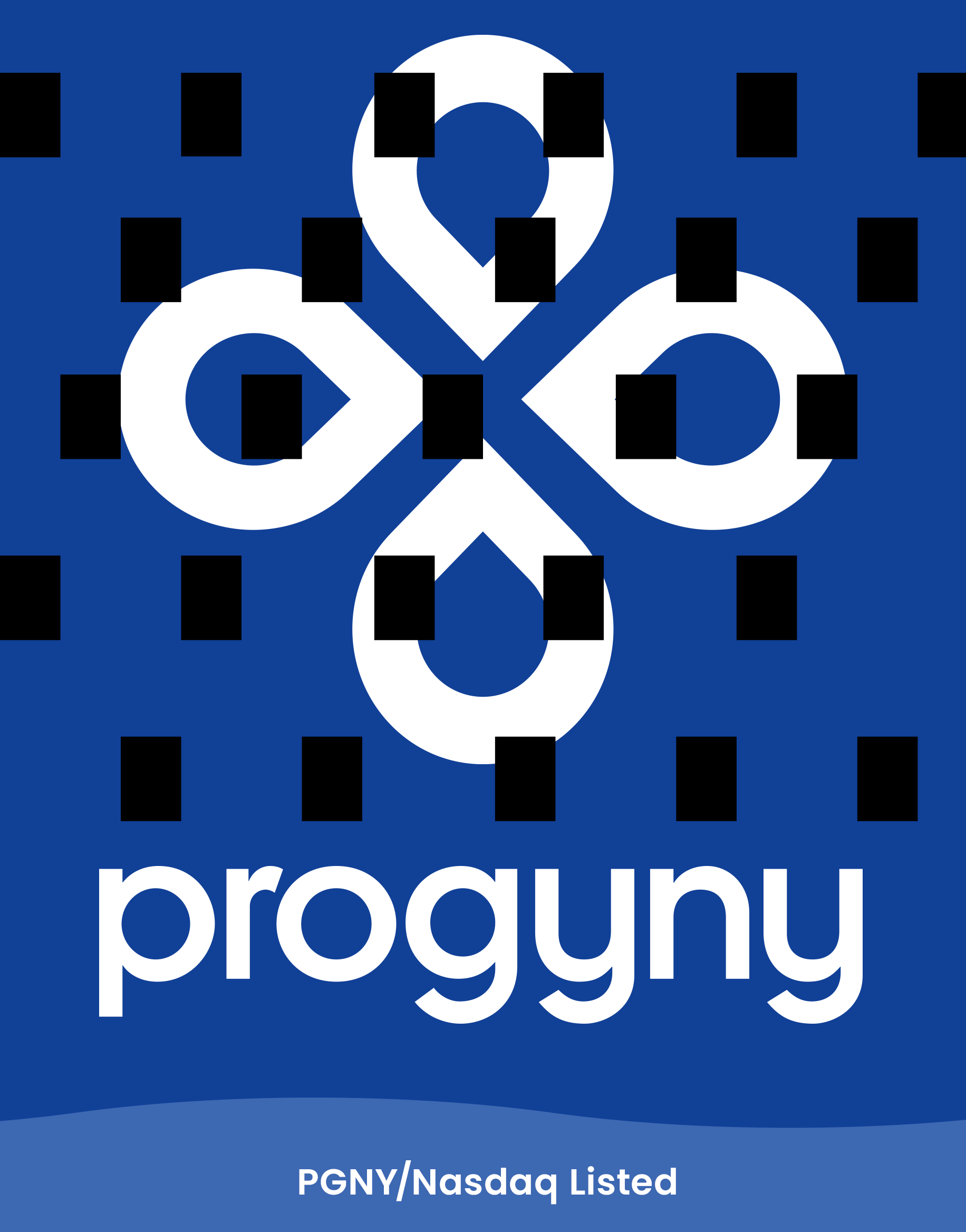 Progyny logo with a stylized letter P and a flower logo, blue background, white text, and PGNY/Nasdaq listed