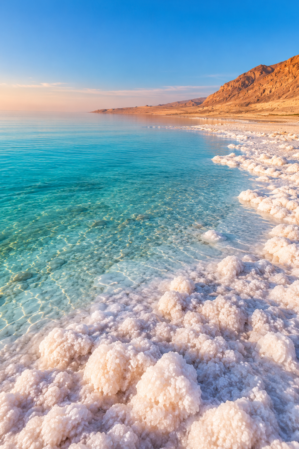 Turquoise water and white salt formations along the Dead Sea, with desert mountains in the background.
