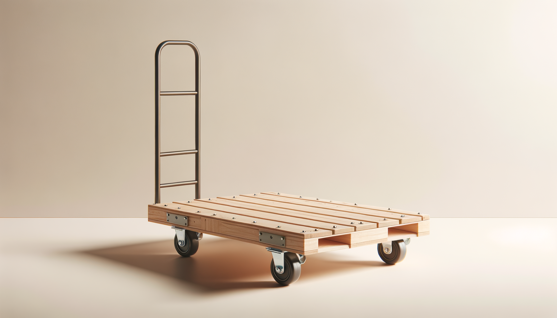 A wooden platform trolley with four wheels and a metal handle against a plain beige background.