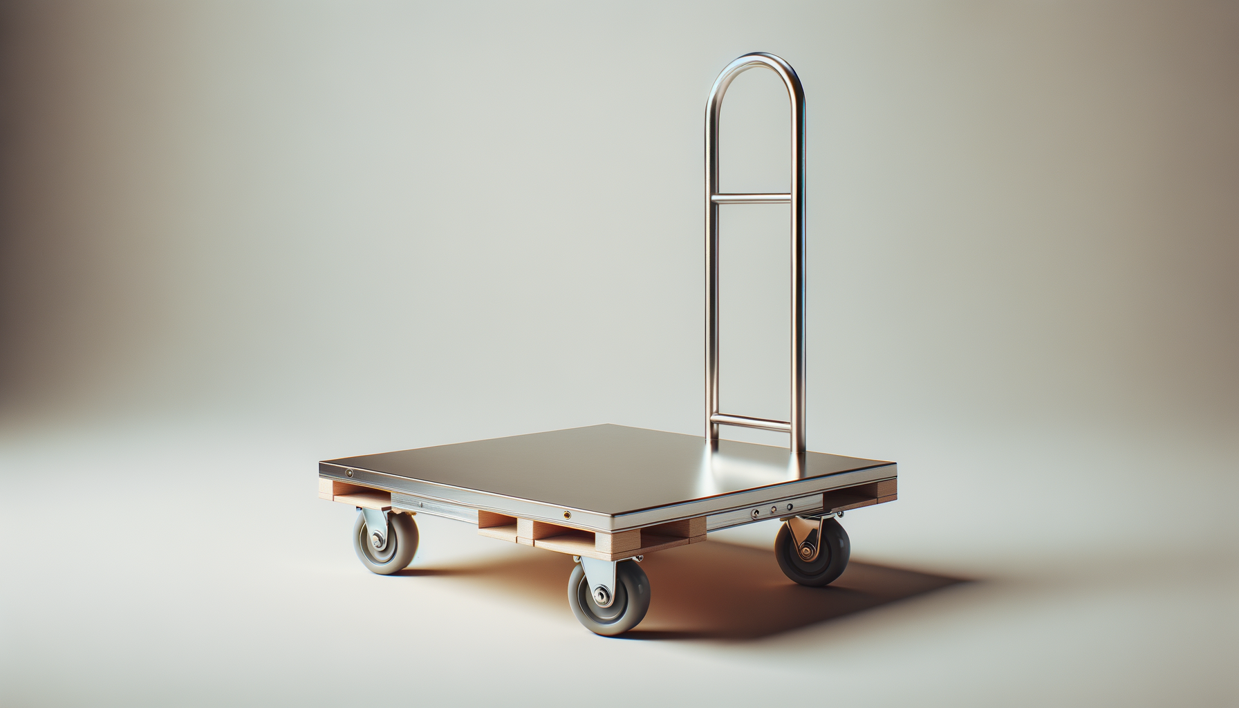 A metallic flat platform cart with four wheels and a vertical handle, set against a plain background.