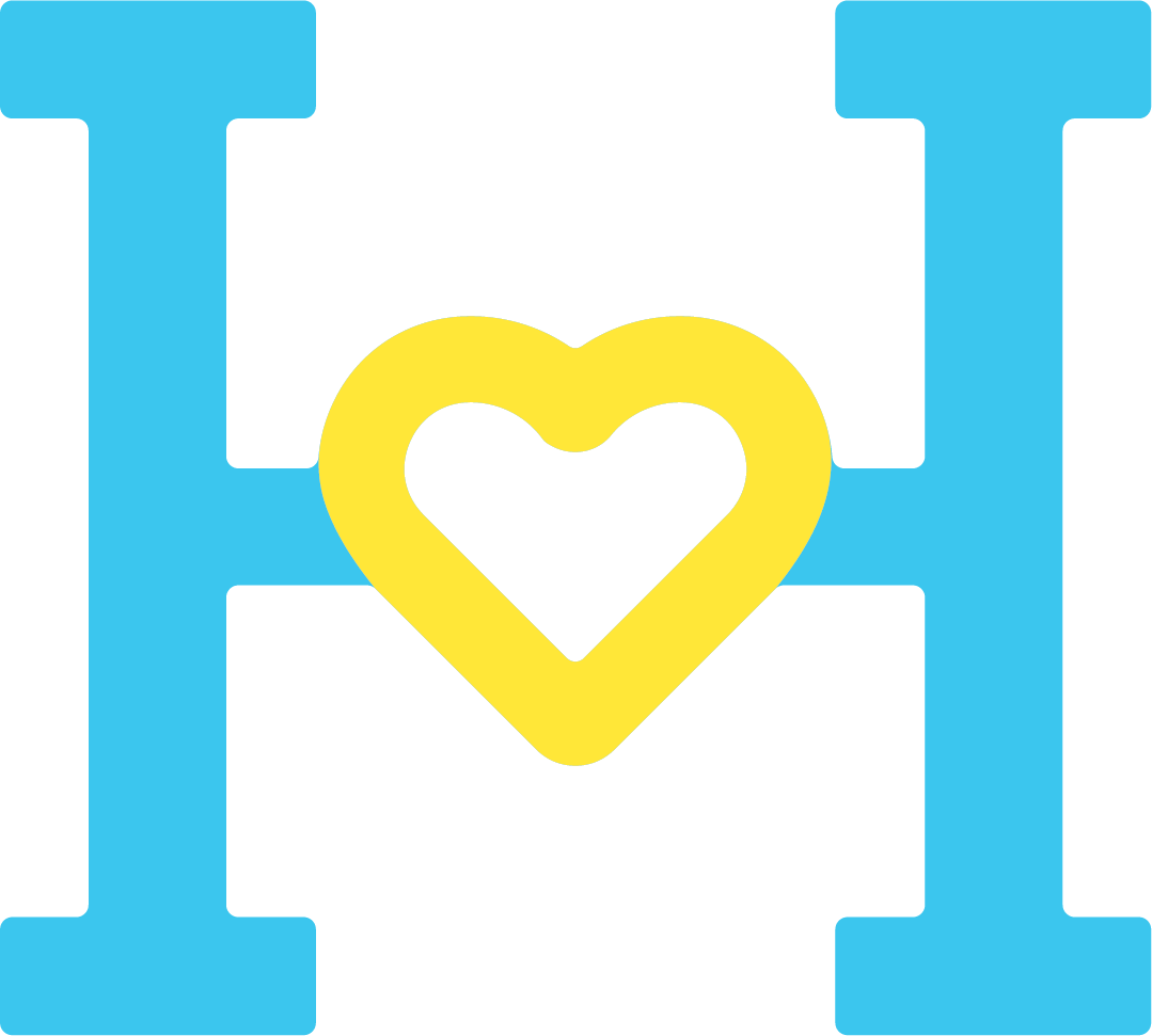 Letter H in blue with a yellow heart at the center.