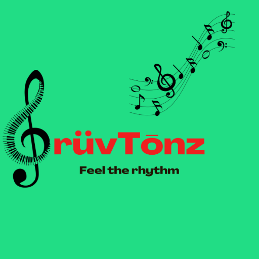 A musical logo with a large black treble clef on the left, a flowing wavy staff with musical notes, and the words "rüvTönz" in red and black, with the tagline "Feel the rhythm" in black.