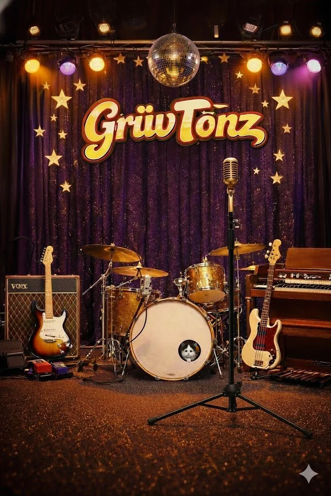 Concert stage with drum set, electric guitar, bass guitar, keyboard, microphone, and amplifier, with purple curtains, star decorations, and a disco ball overhead.