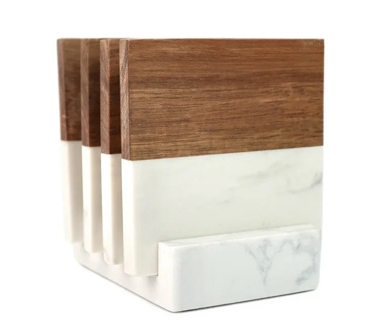 Personalized Marble & Acacia Wood Coaster Set