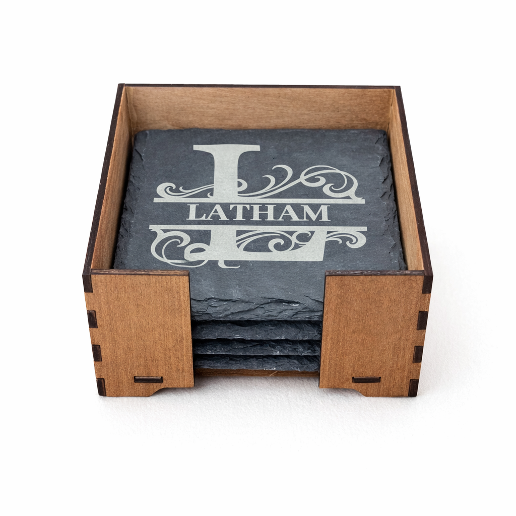 Classic Monogram Slate Coaster Set with Holder (Set of 4)