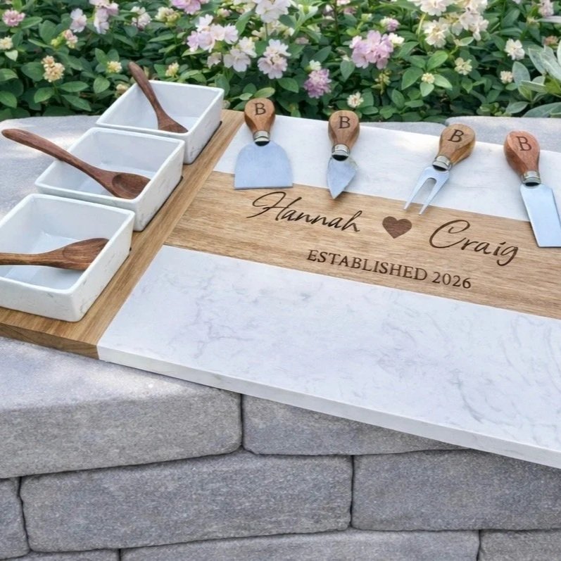 Personalized Marble & Acacia Charcuterie Board Set (11 Piece)
