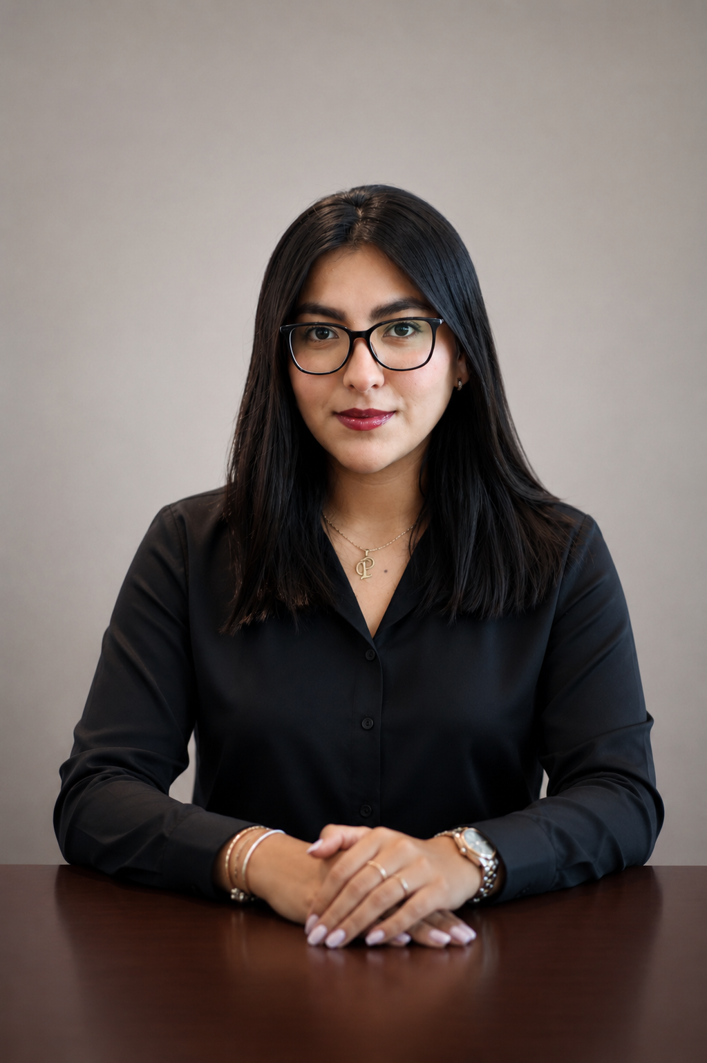 Mujer con gafas y cabello oscuro sentada en una mesa con fondo gris, vestida con blusa negra y accesorios plateados.