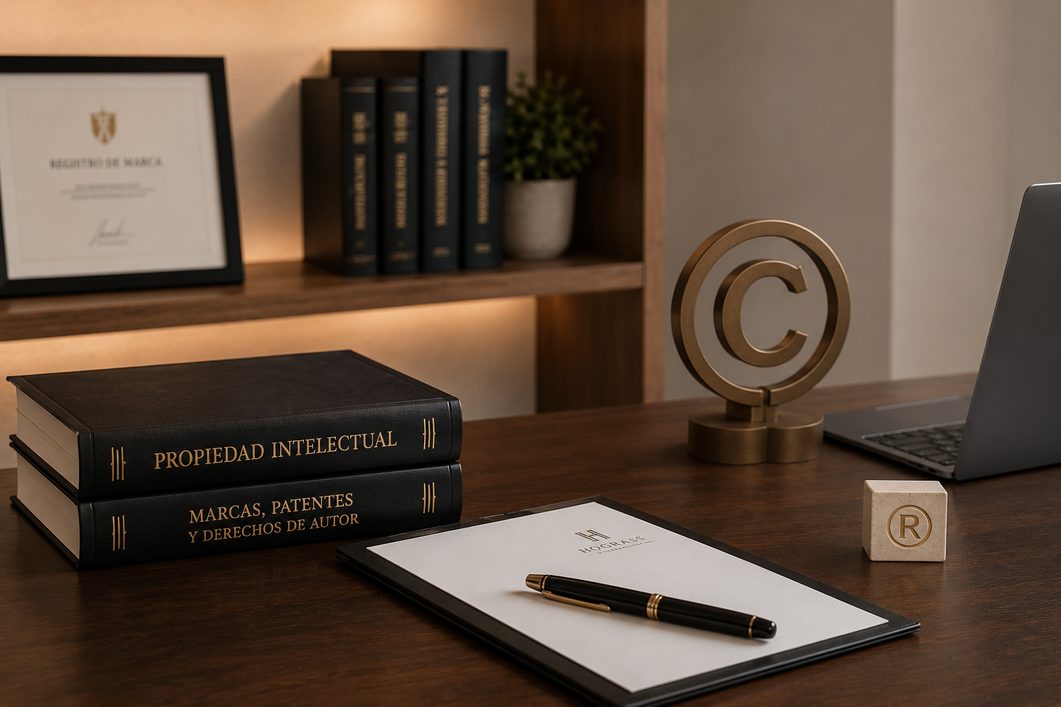 Mesa de oficina con libros sobre propiedad intelectual, un bloc con bolígrafo, una escultura en forma de símbolo de copyright y otra con el símbolo de marca registrada, y en el fondo estantería con un certificado, libros y una planta.