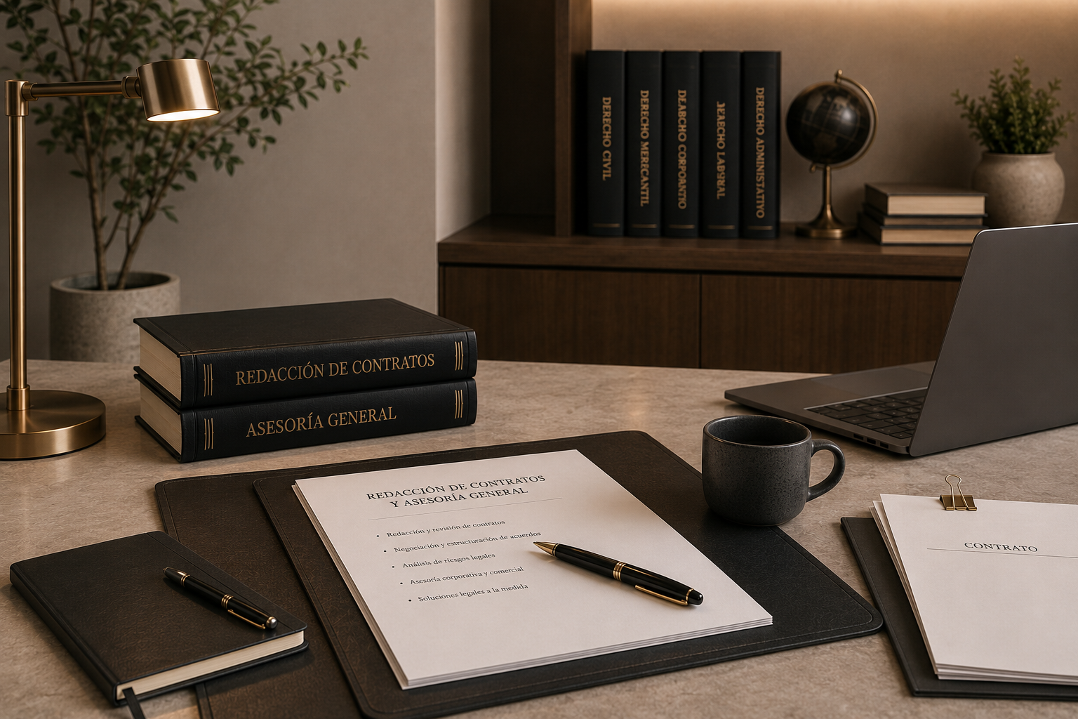 Mesa de oficina con documentos legales, libros sobre derecho y asesoría, laptop, taza, y elementos decorativos en el fondo.