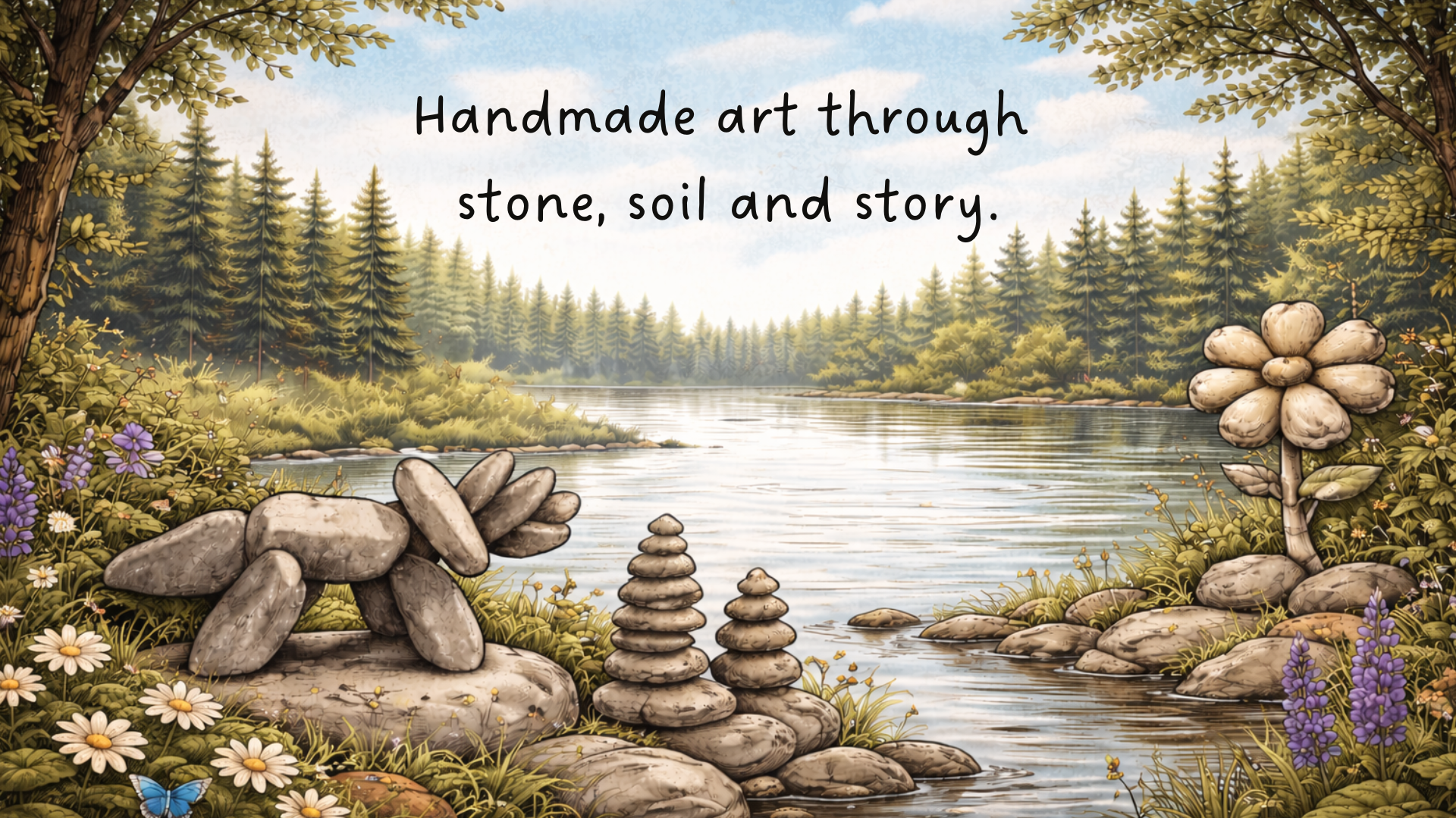 A scenic illustration of a riverbank surrounded by trees, with stacked stones and rocks in the foreground, wildflowers, and a clear sky, with the text 'Handmade art through stone, soil and story' in the sky area.