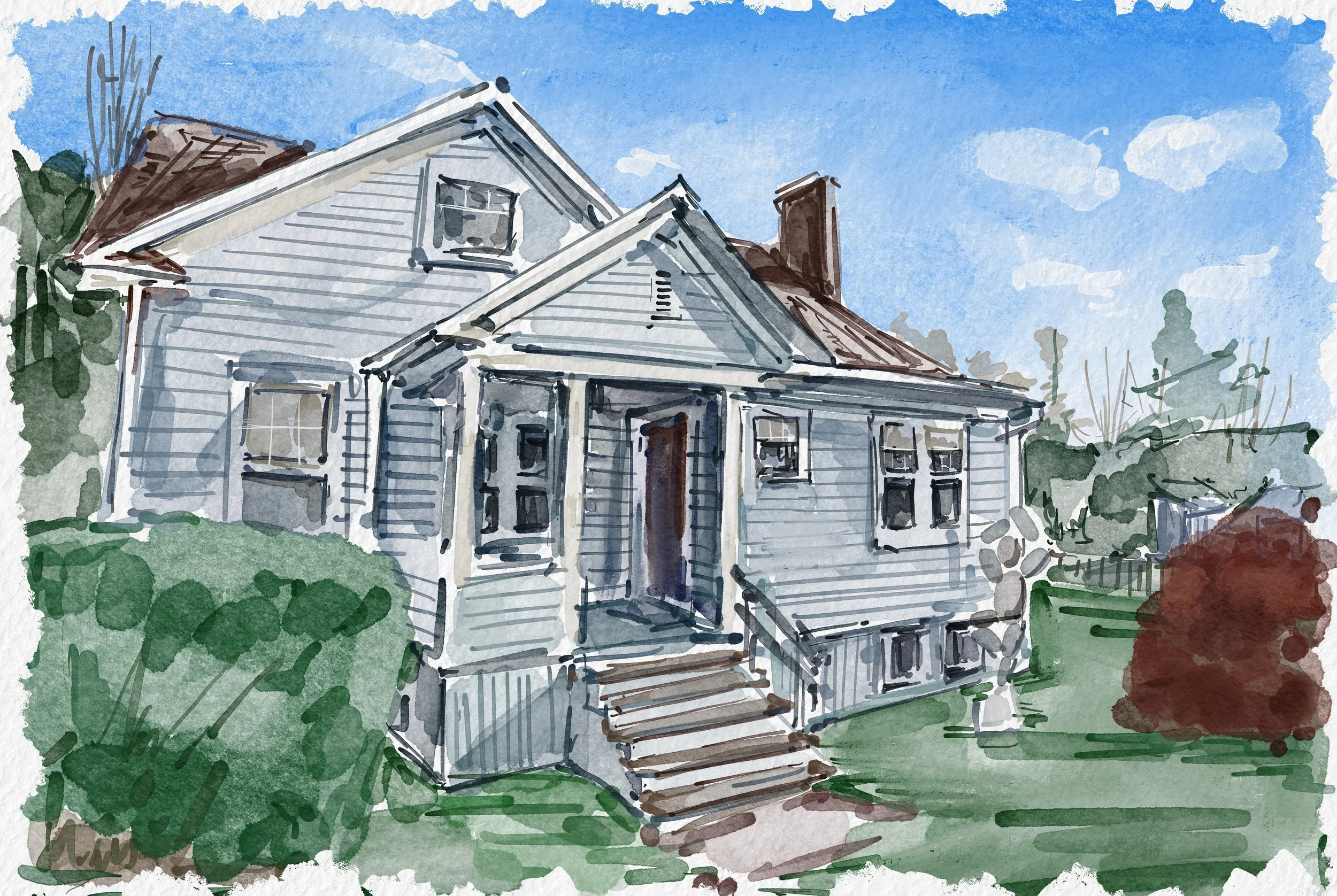 Watercolor painting of a vintage house with a porch, wooden stairs, and a yard with bushes, under a partly cloudy blue sky.