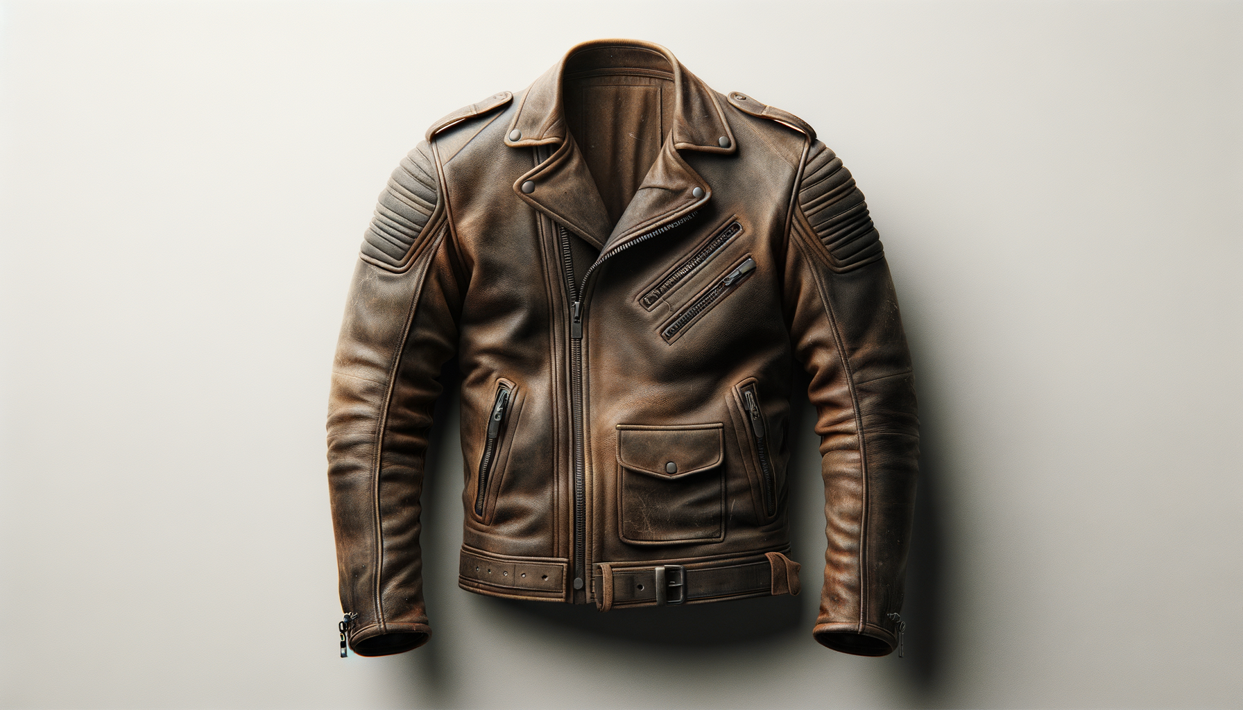 Brown leather motorcycle jacket with shoulder padding, multiple zippered pockets, and a belt, hanging against a plain white background.