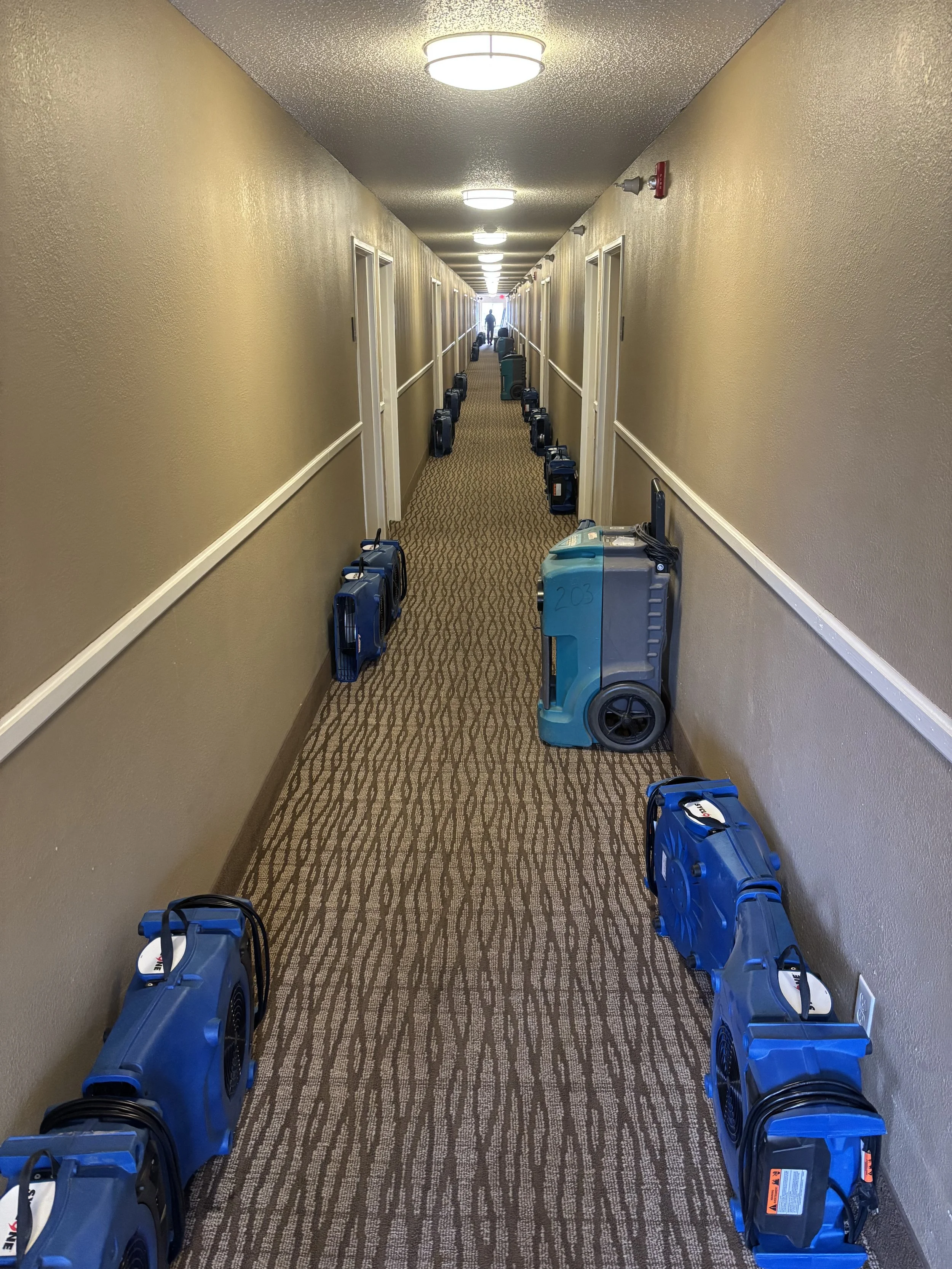 Long hallway in a hotel or airport with multiple blue foggers lined up along the carpeted floor on both sides, and a person walking away at the end of the hallway.