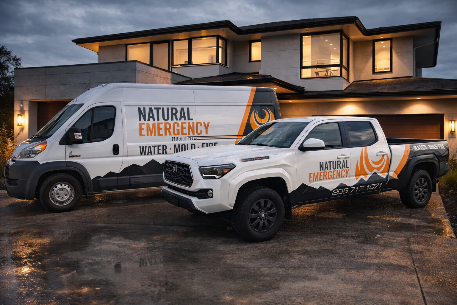 Two emergency response vehicles parked in front of a modern house at dusk. The vehicles are branded with "Natural Emergency" and services like water, mold, and fire.