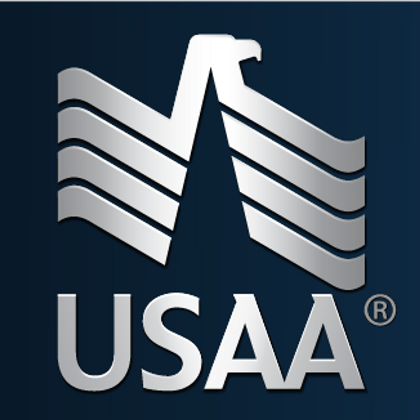 The USAA logo, featuring a stylized eagle head in white with gray stripes, and the word "USAA" written below in white on a dark blue background.