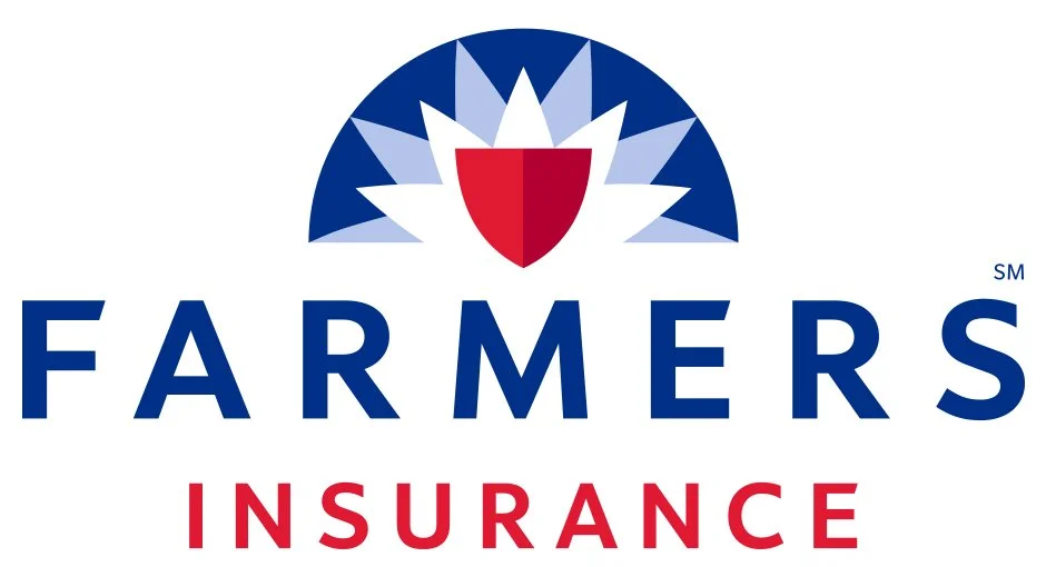 Farmers Insurance logo with a blue and white sunburst and a red shield above the word 'Farmers' in blue, and 'Insurance' in red below.