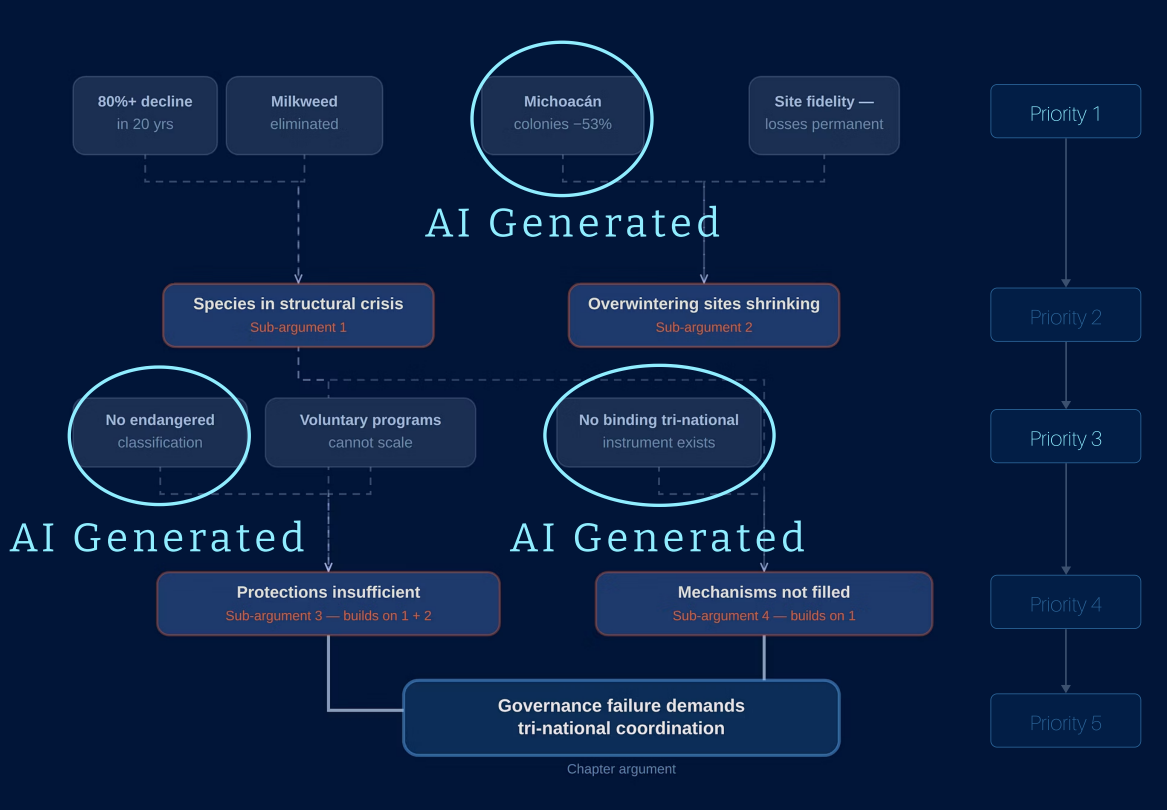 A flowchart diagram illustrating an AI-generated analysis of environmental issues in the Mochaacán region, addressing species crisis, site shrinkage, and governance failure, with various sub-arguments and priorities.