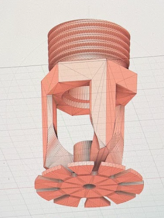3D model of a mechanical device with a cylindrical top, structural supports, and a wheel at the base.