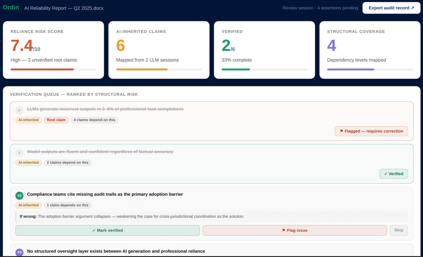 Screenshot of an AI reliability report with score details, claims, and verification status for a document named 'AI Reliability Report — Q2 2025.docx'.