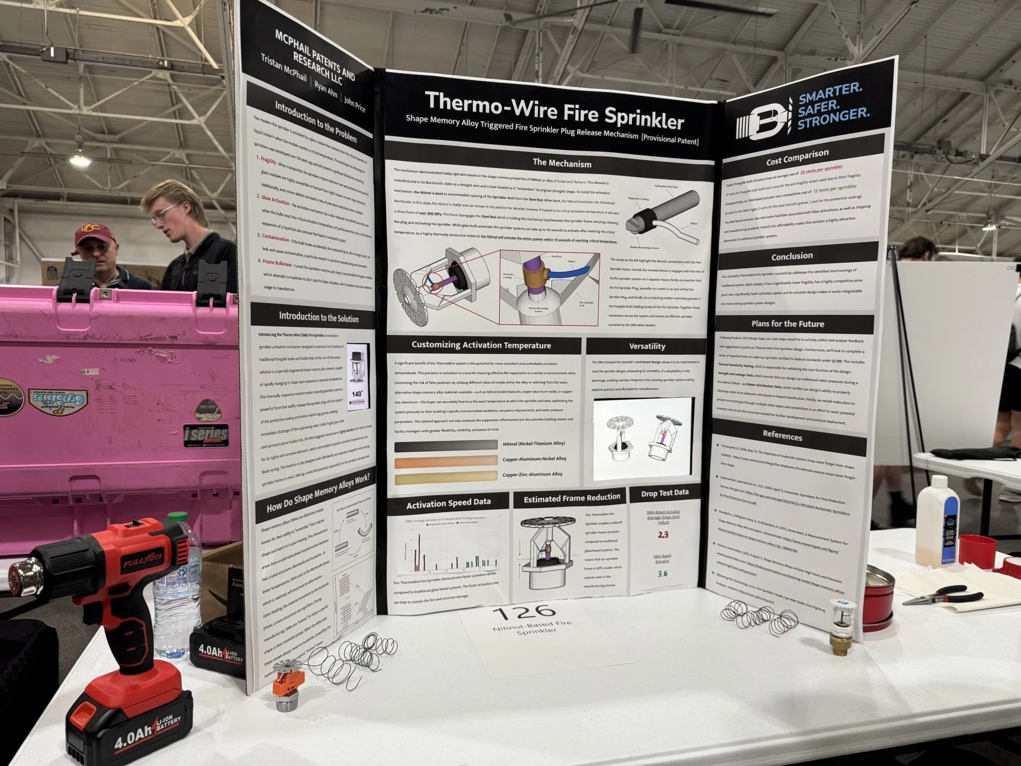Science fair project display board titled "Thermo-Wire Fire Sprinkler" with text, diagrams, and data. On the table in front are a red cordless drill, a water bottle, metal rings, and a small component. There are two people in the background looking at other displays.