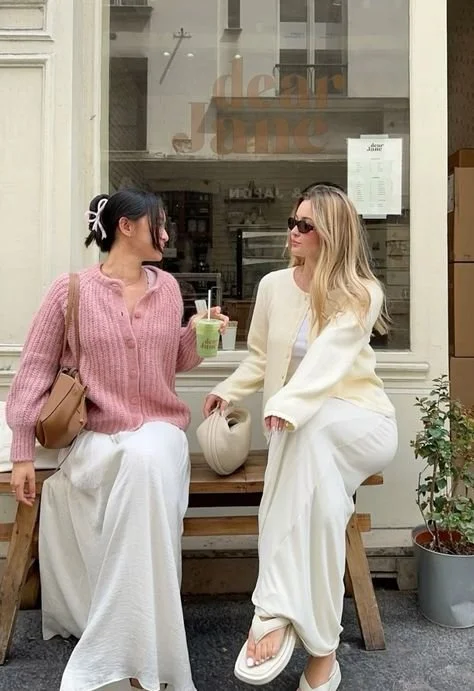 Two women sitting on a wooden bench outside a café, talking and enjoying drinks, with a storefront window behind them and a potted plant nearby.