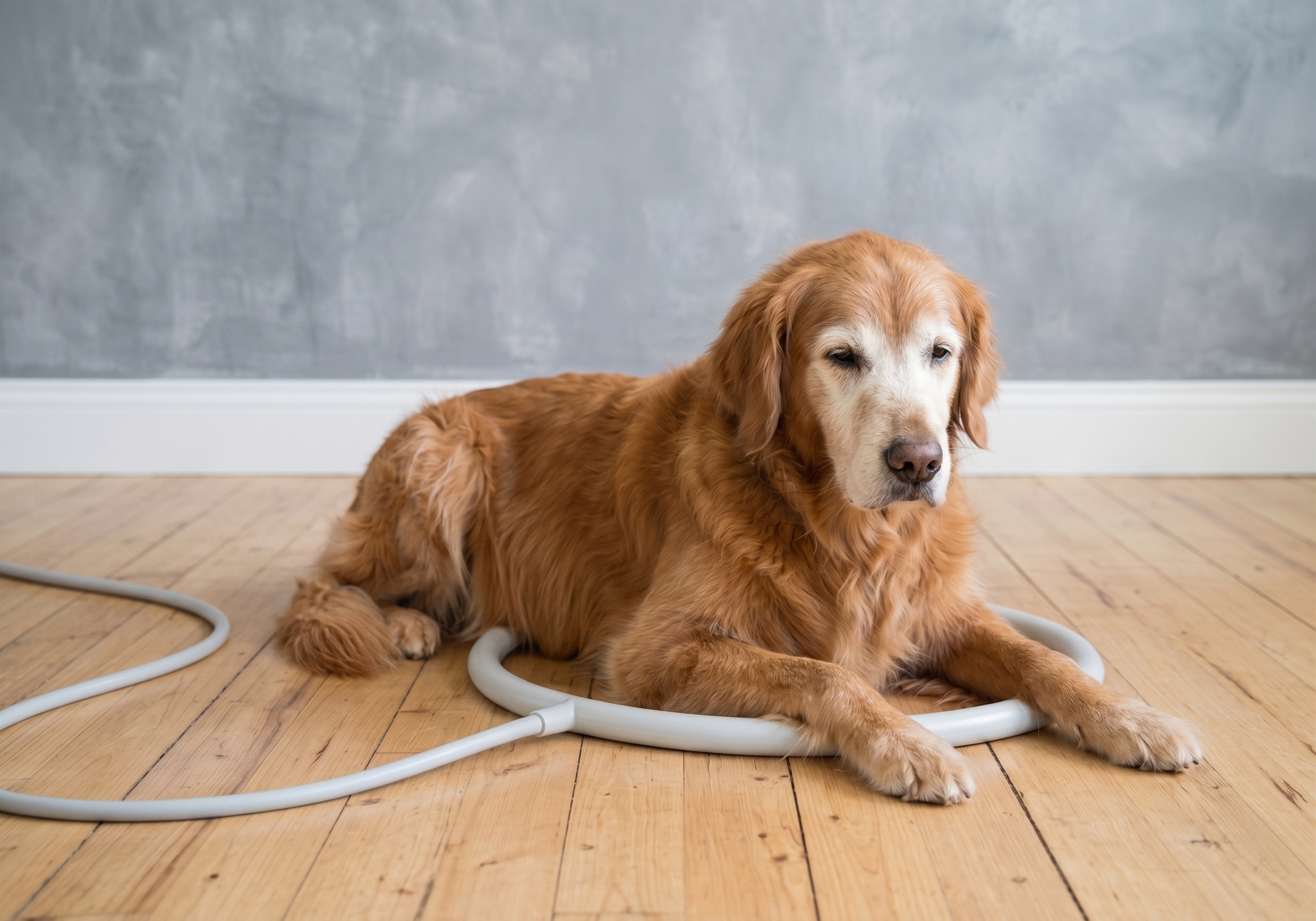 A golden retriever dog lying on a wooden floor with MagnaWave PEMF loop that his is laying on top of textured gray wall during a session