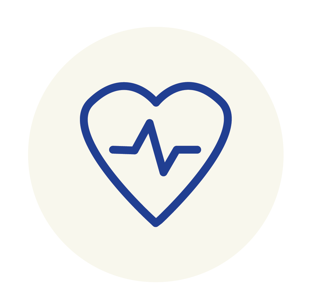 Outline heart with a heartbeat line inside, drawn in blue on a white circular background.