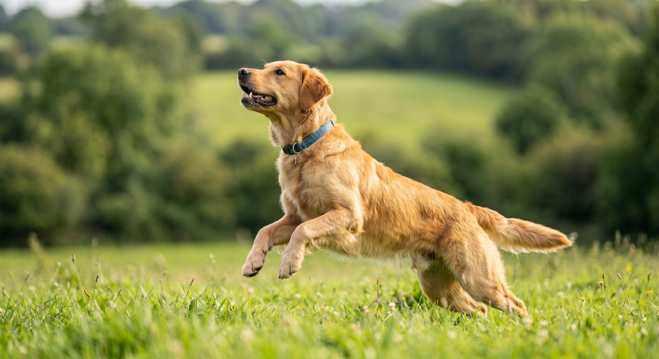 Golden retriever puppy running in a grassy field with trees in the background.