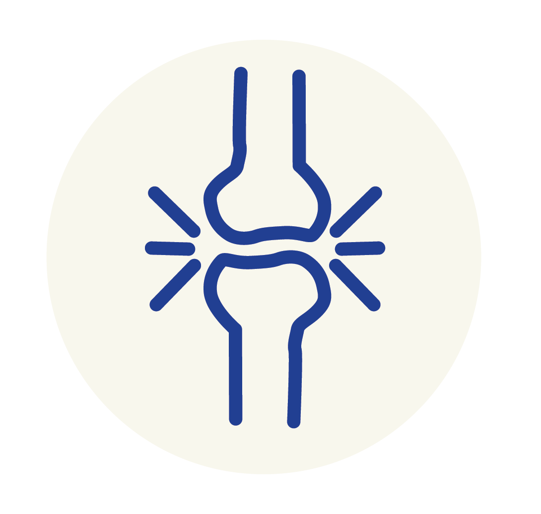 Illustration of a knee joint with radiating lines indicating pain or inflammation.