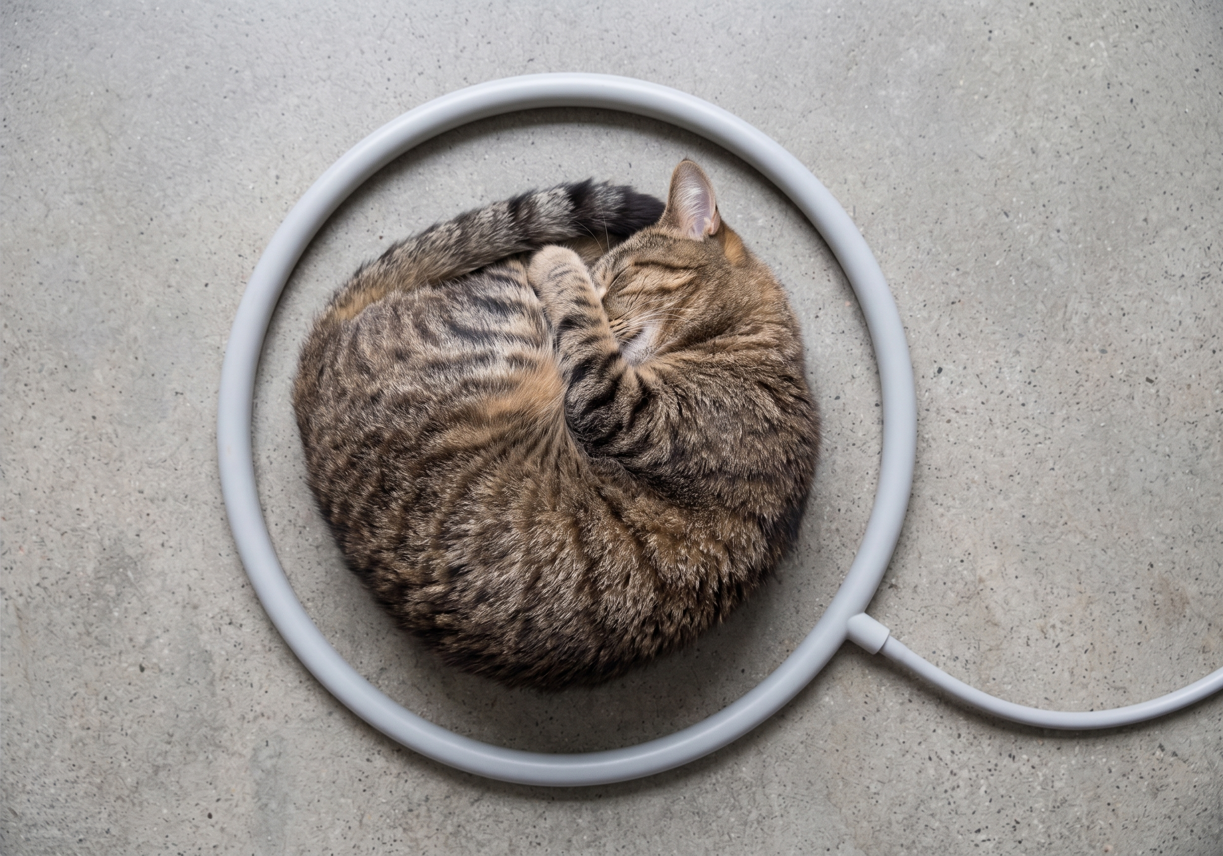 A tabby cat curled up inside a MagnaWave PEMF loop on a beige speckled surface - doing session