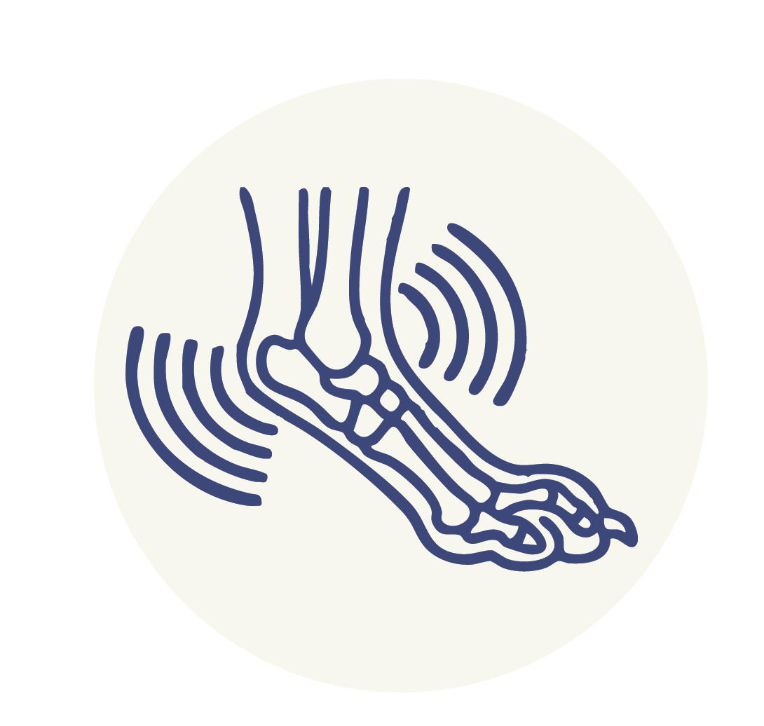 Line drawing of a foot with bones and vibrational signals radiating from it, indicating foot health or nerve activity.