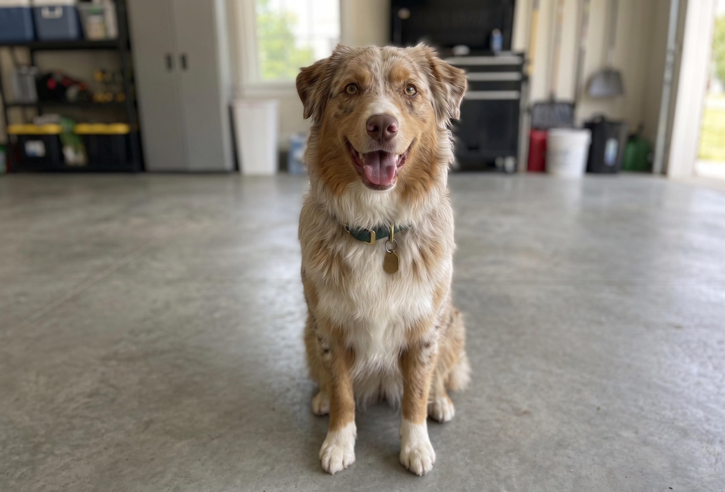 A happy Australian Shepherd dog sitting indoors on concrete floor with open garage door, shelves, and windows in the background.