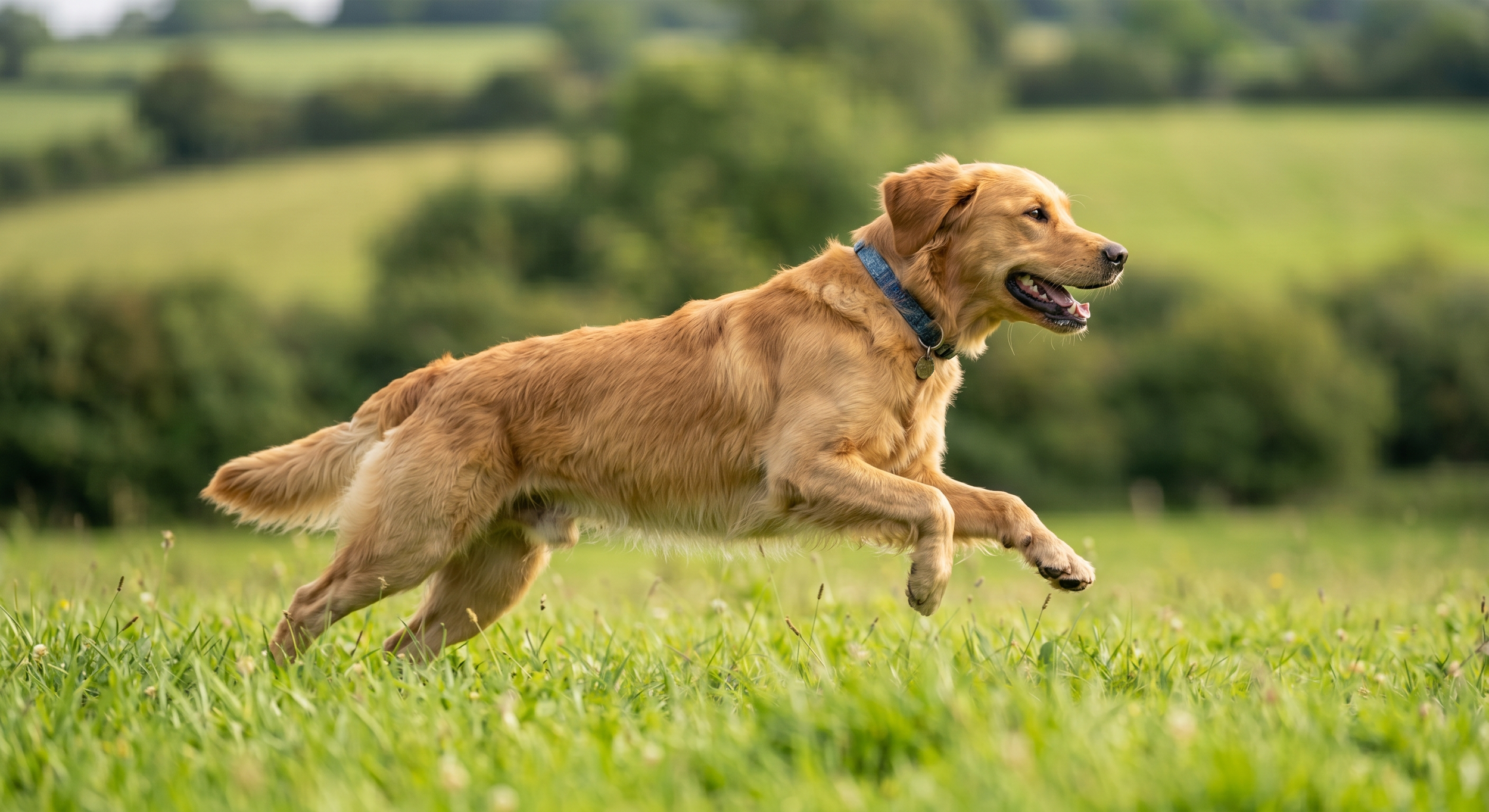 Golden retriever puppy running through a grassy field with greenery and trees in the background.