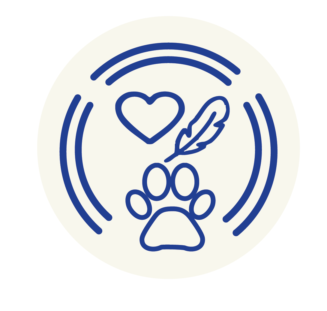 Line drawing of a heart, a feather, and a dog paw print inside a circular border.