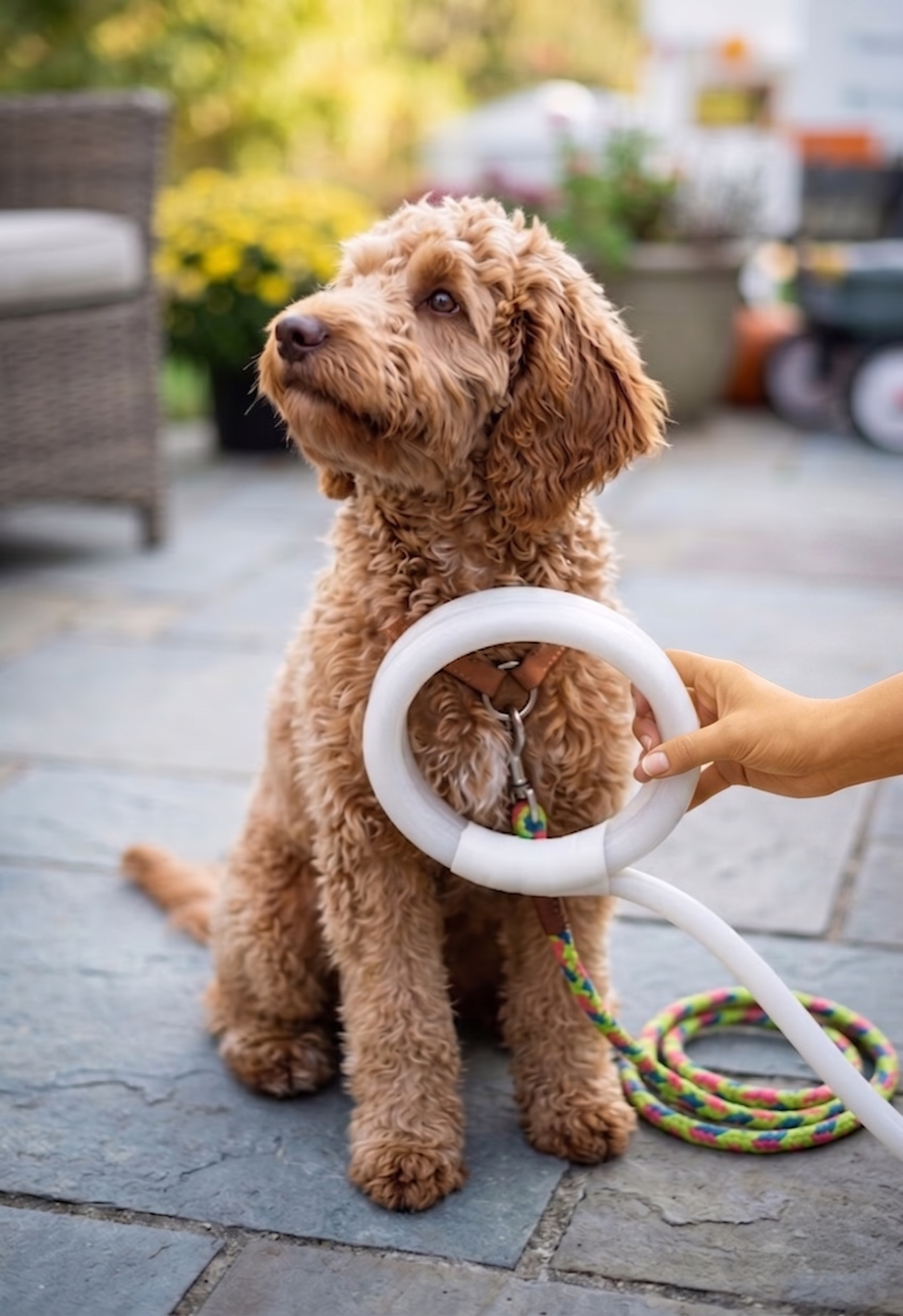 A fluffy brown puppy with curly fur sitting on a patio, during a MagnaWave PEMF session with a loop being held to it's chest, outdoors with blurred plants and containers in the background.
