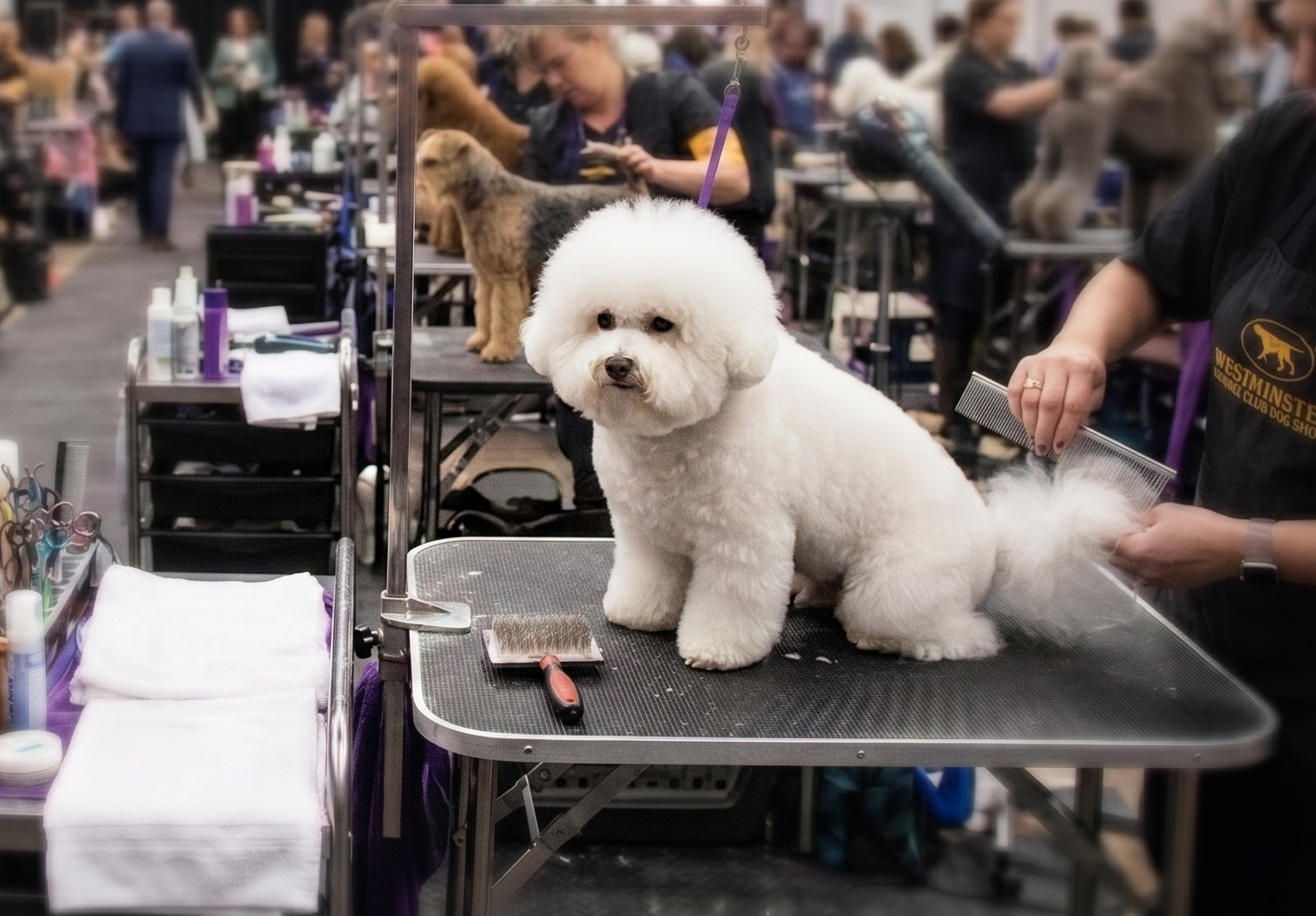 A fluffy white dog, possibly a Bichon Frise, sitting on a grooming table at a dog grooming event with more dogs and groomers in the background.