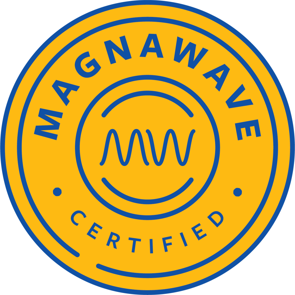 Yellow and navy blue certification badge with the text 'Magnawave Certified' and a wave-like symbol in the center.