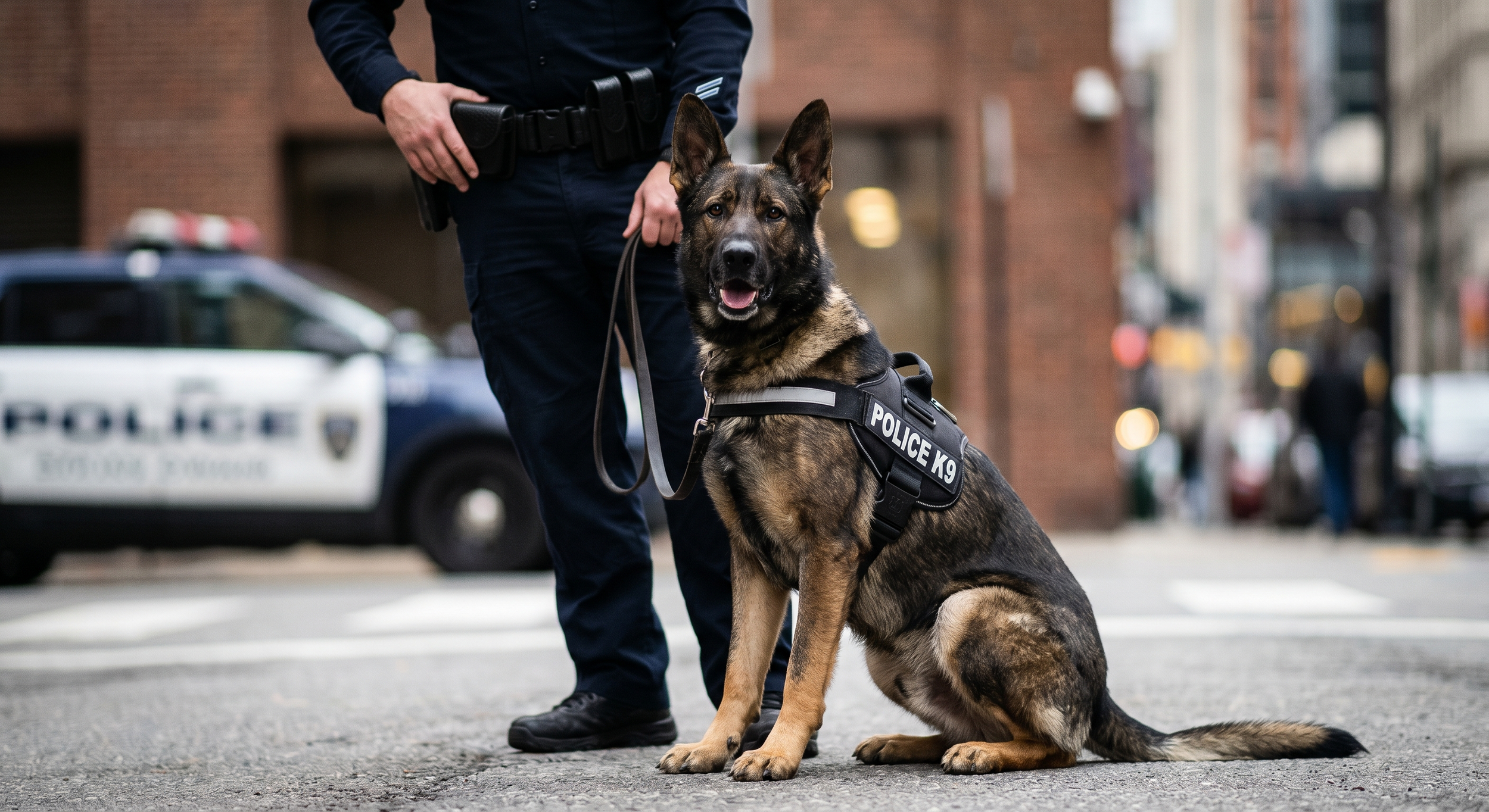 A police officer standing next to a police K9 dog on a city street. The dog is sitting and wearing a vest labeled "POLICE K9."