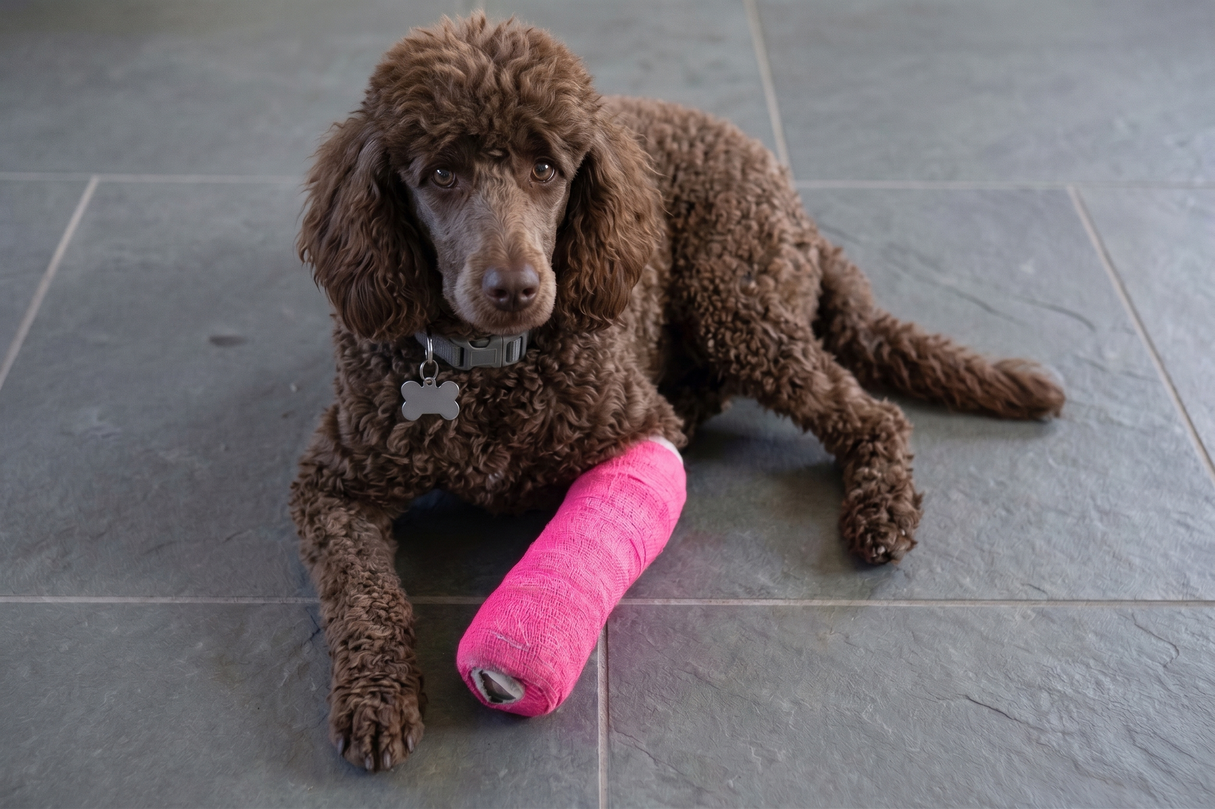 A brown curly-haired puppy lying on a tiled floor with a pink cast on its front leg and a gray collar with a bone-shaped ID tag.